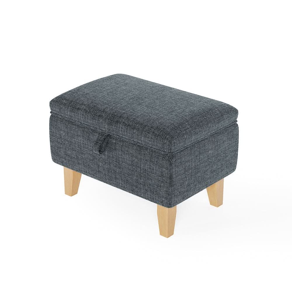 Dark Grey Linen Small Storage Ottoman with Natural Rubber Wood Legs