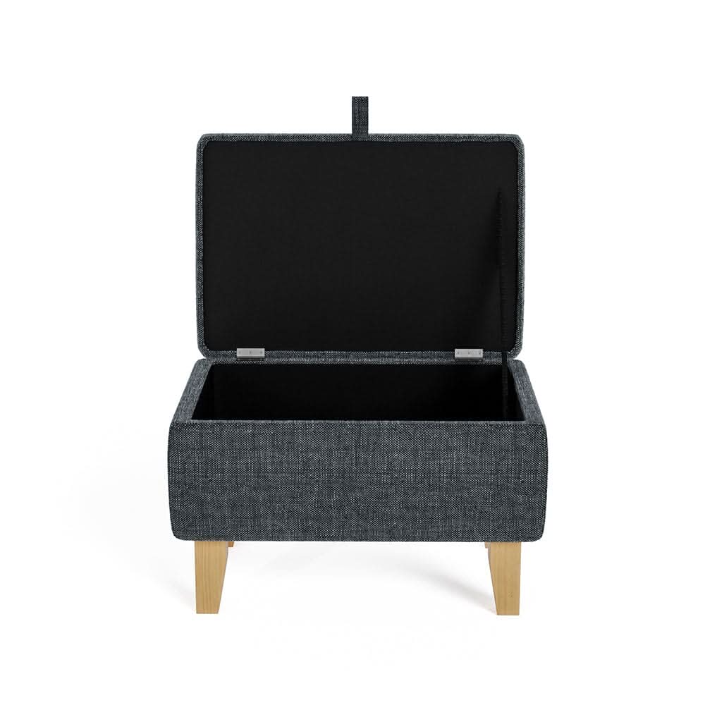 Dark Grey Linen Small Storage Ottoman with Natural Rubber Wood Legs