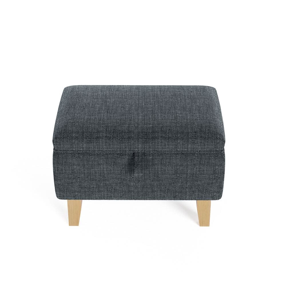 Dark Grey Linen Small Storage Ottoman with Natural Rubber Wood Legs