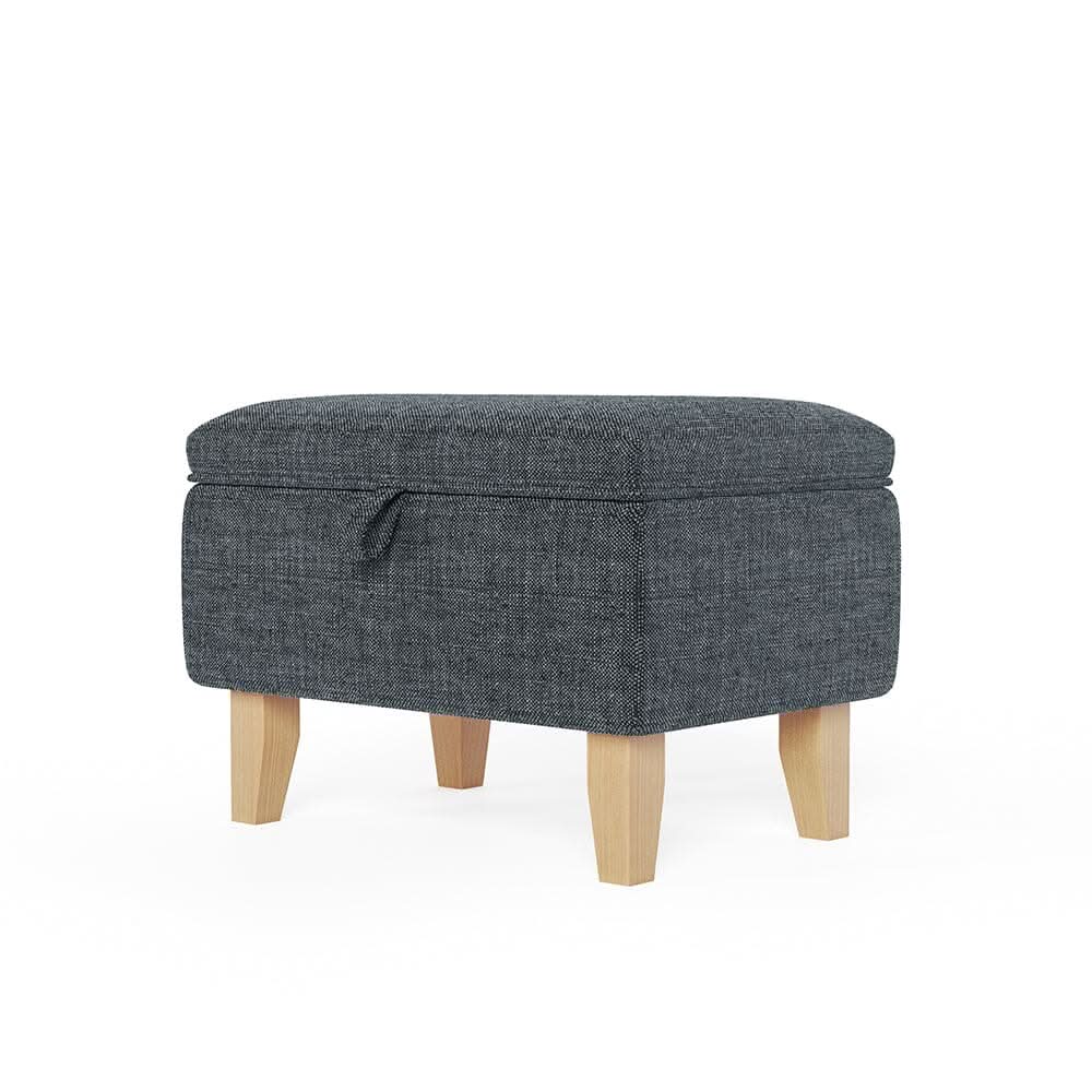 Dark Grey Linen Small Storage Ottoman with Natural Rubber Wood Legs