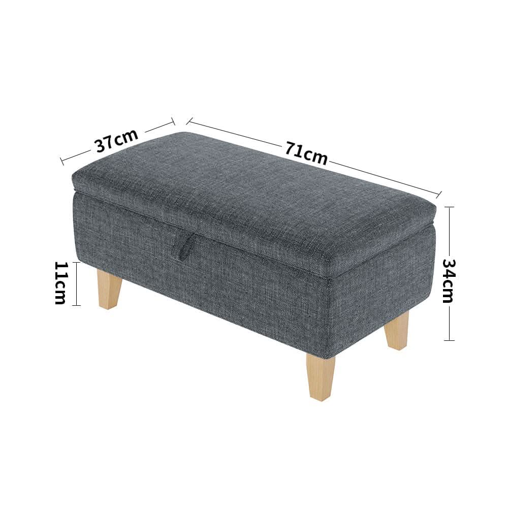 Dark Grey Linen Large Storage Ottoman with Natural Rubber Wood Legs