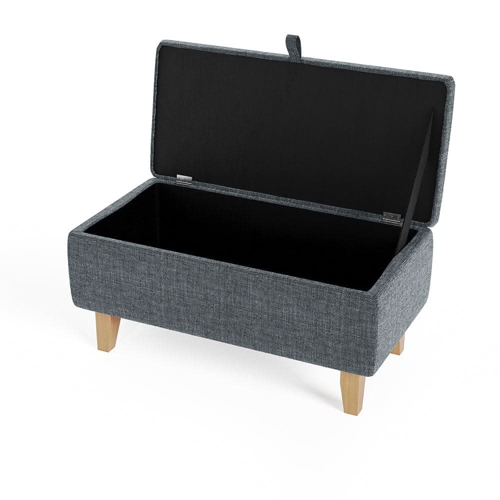 Dark Grey Linen Large Storage Ottoman with Natural Rubber Wood Legs