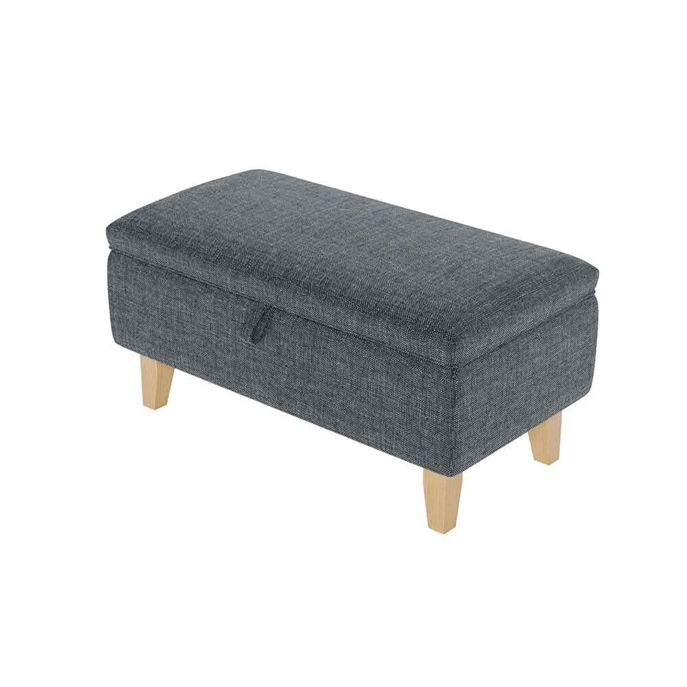 Dark Grey Linen Large Storage Ottoman with Natural Rubber Wood Legs