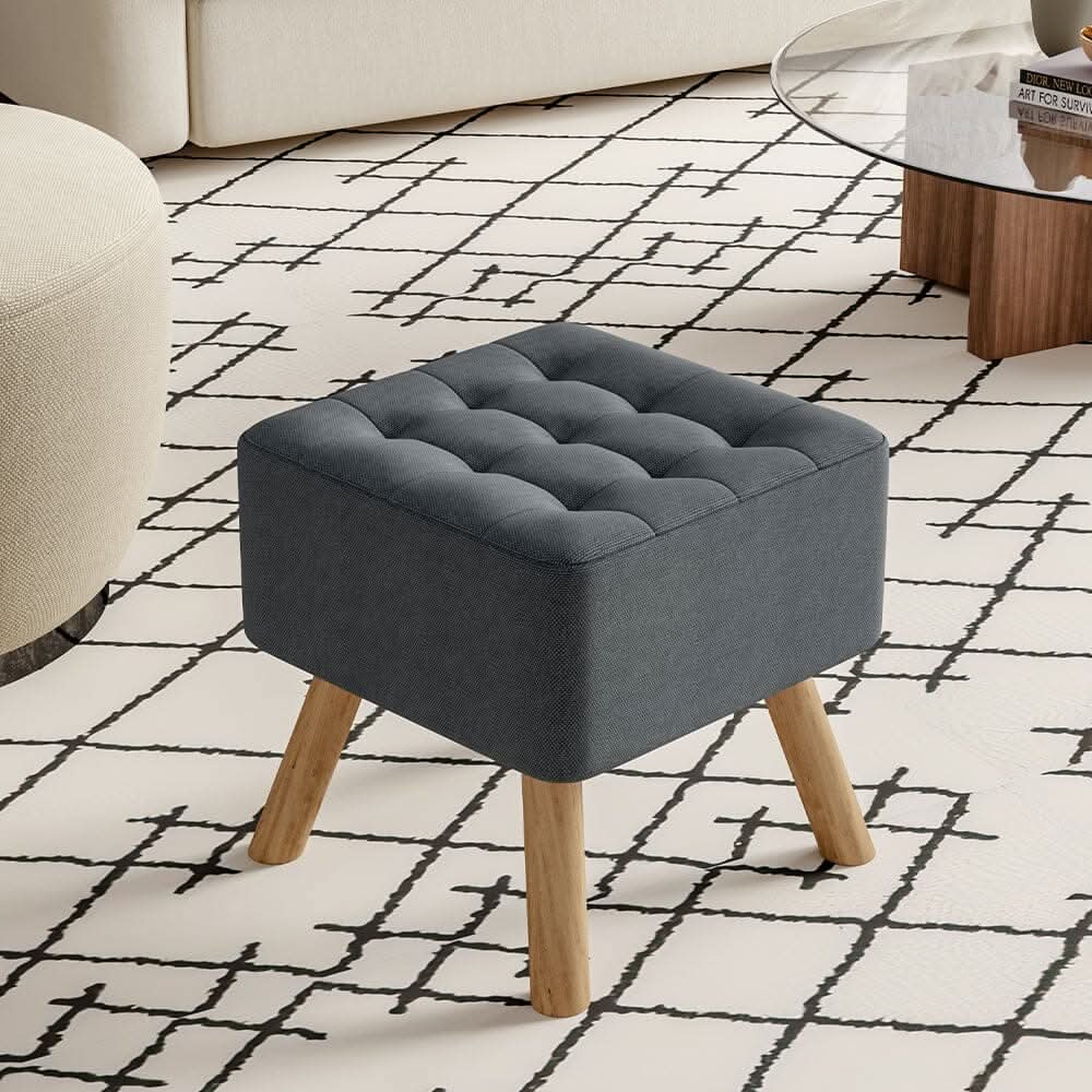 Dark Grey Linen Square Shoe Bench with Tufted Top