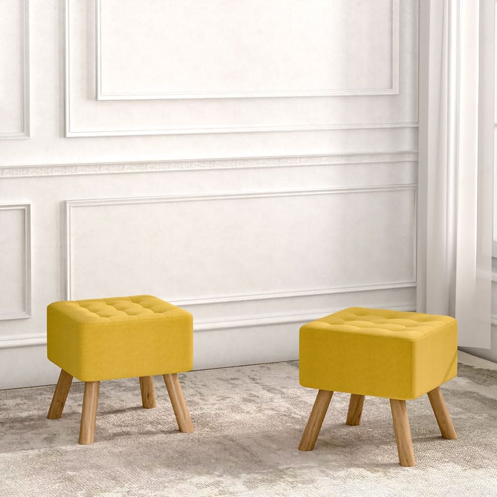 Yellow Linen Square Shoe Bench with Tufted Top