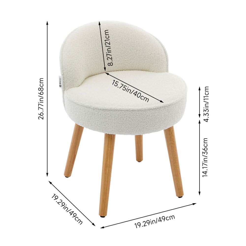 Upholstered Vanity Stool with Teddy Fabric and Wooden Legs