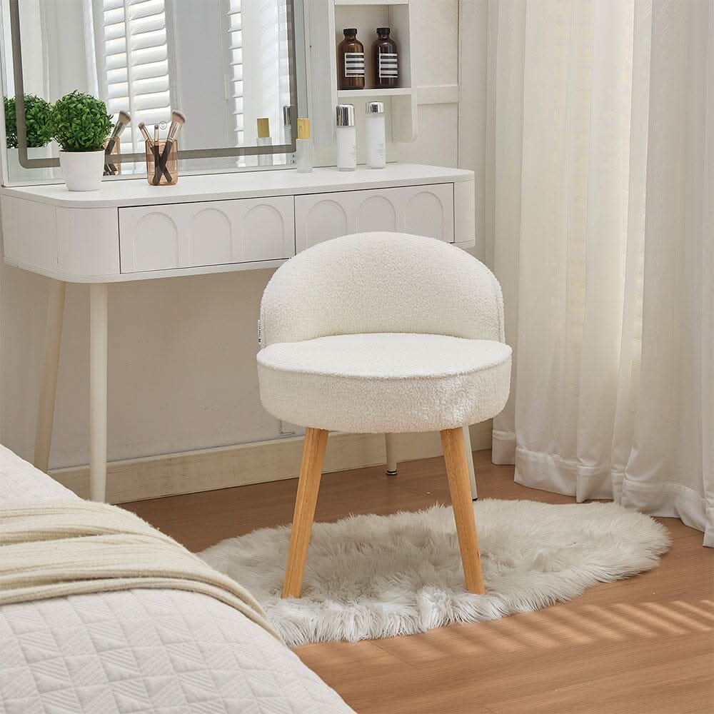 Upholstered Vanity Stool with Teddy Fabric and Wooden Legs