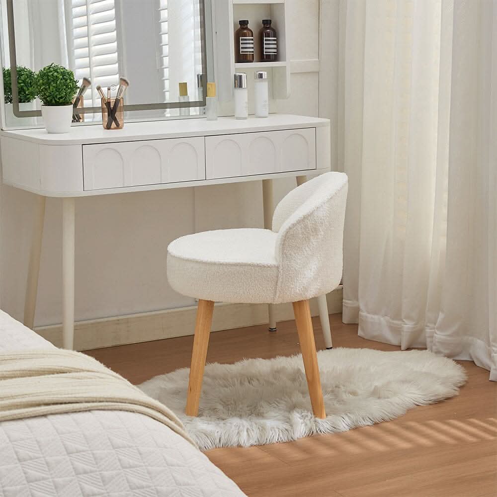 Upholstered Vanity Stool with Teddy Fabric and Wooden Legs