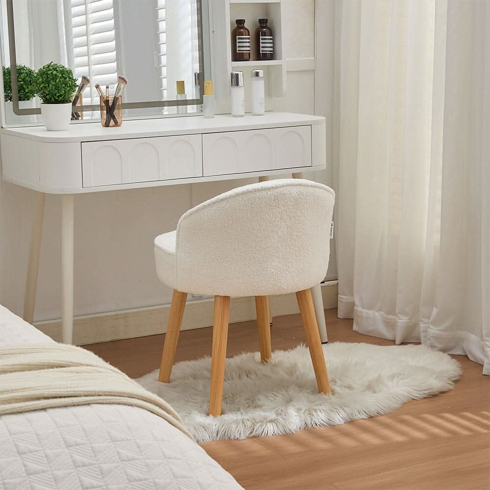 Upholstered Vanity Stool with Teddy Fabric and Wooden Legs