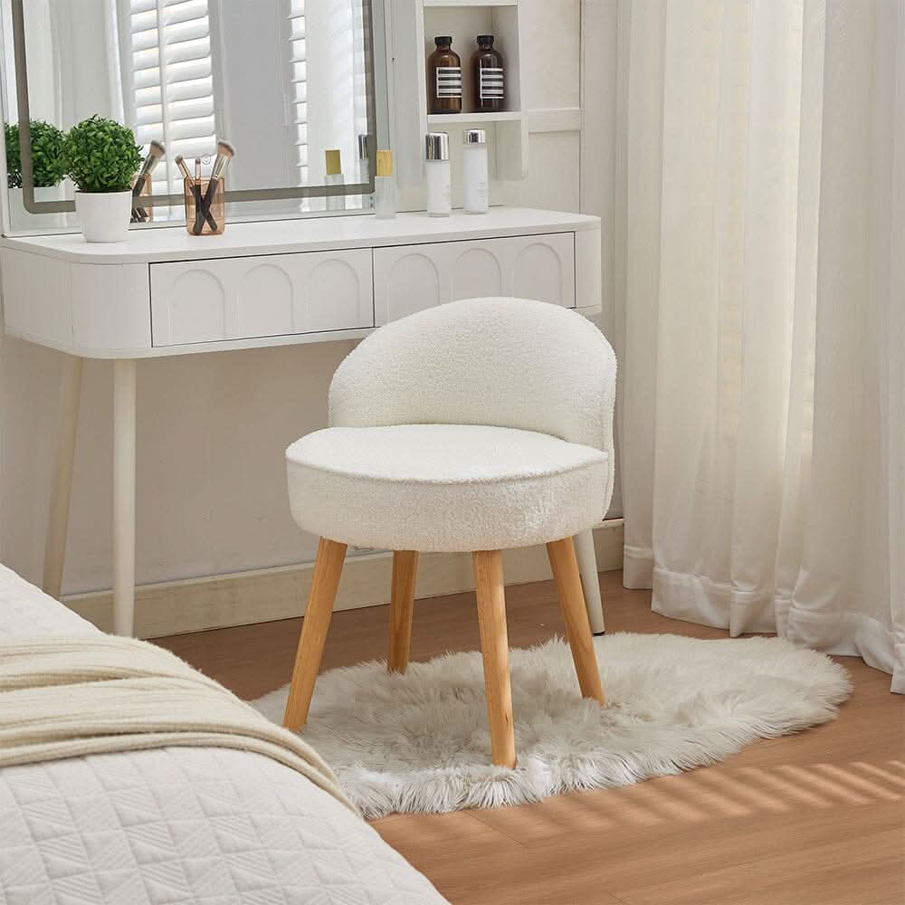 Upholstered Vanity Stool with Teddy Fabric and Wooden Legs