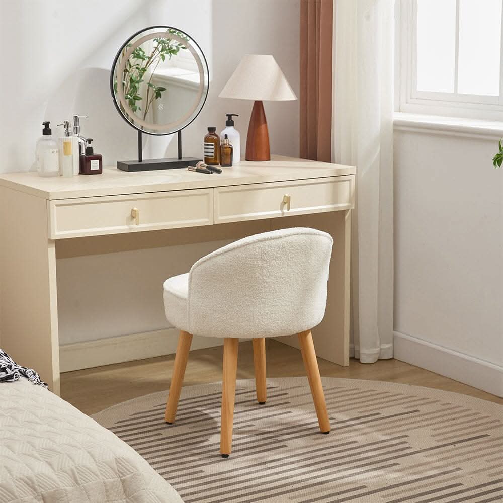 Upholstered Vanity Stool with Teddy Fabric and Wooden Legs