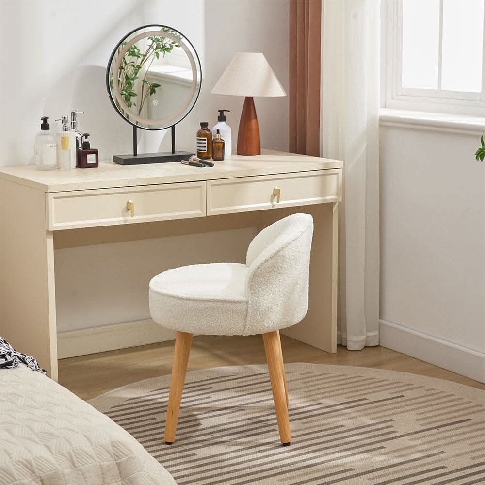 Upholstered Vanity Stool with Teddy Fabric and Wooden Legs