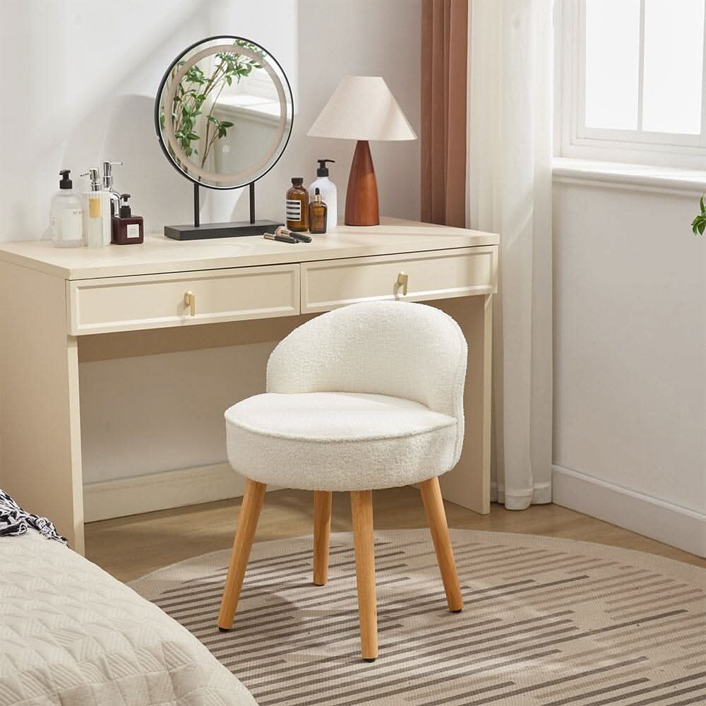 Upholstered Vanity Stool with Teddy Fabric and Wooden Legs