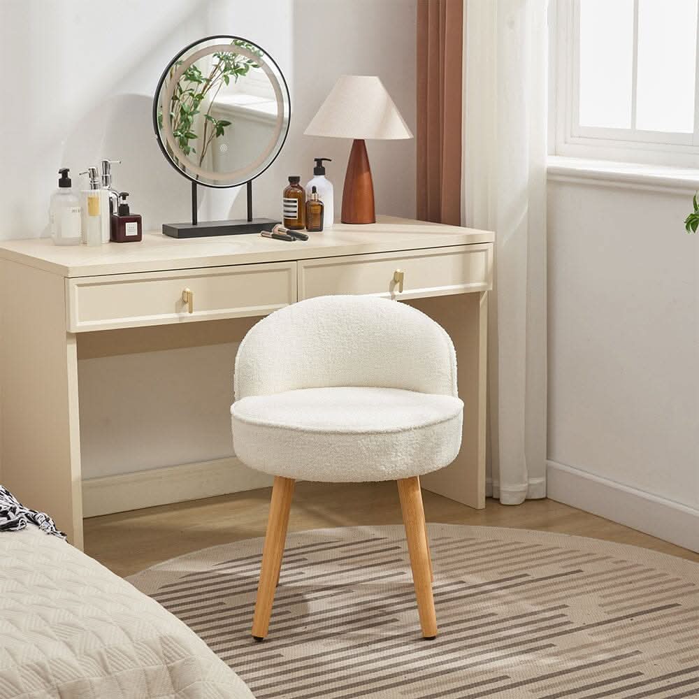 Upholstered Vanity Stool with Teddy Fabric and Wooden Legs