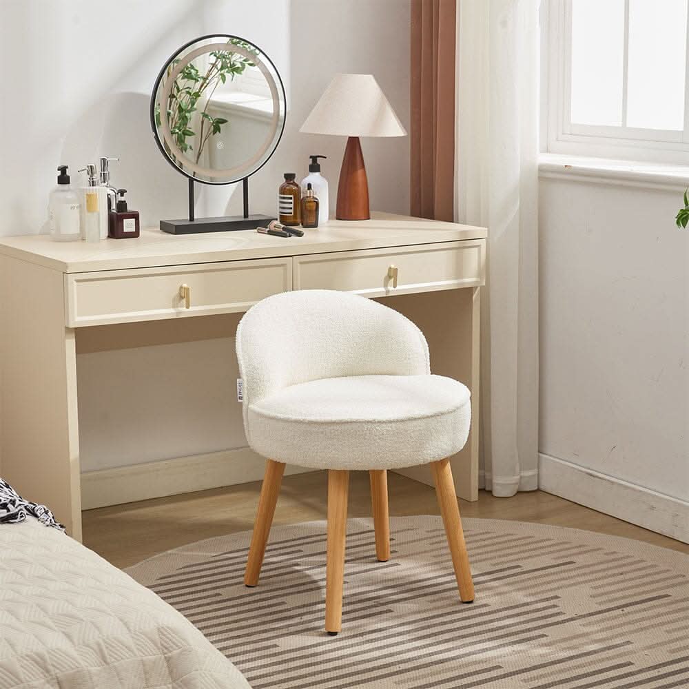 Upholstered Vanity Stool with Teddy Fabric and Wooden Legs