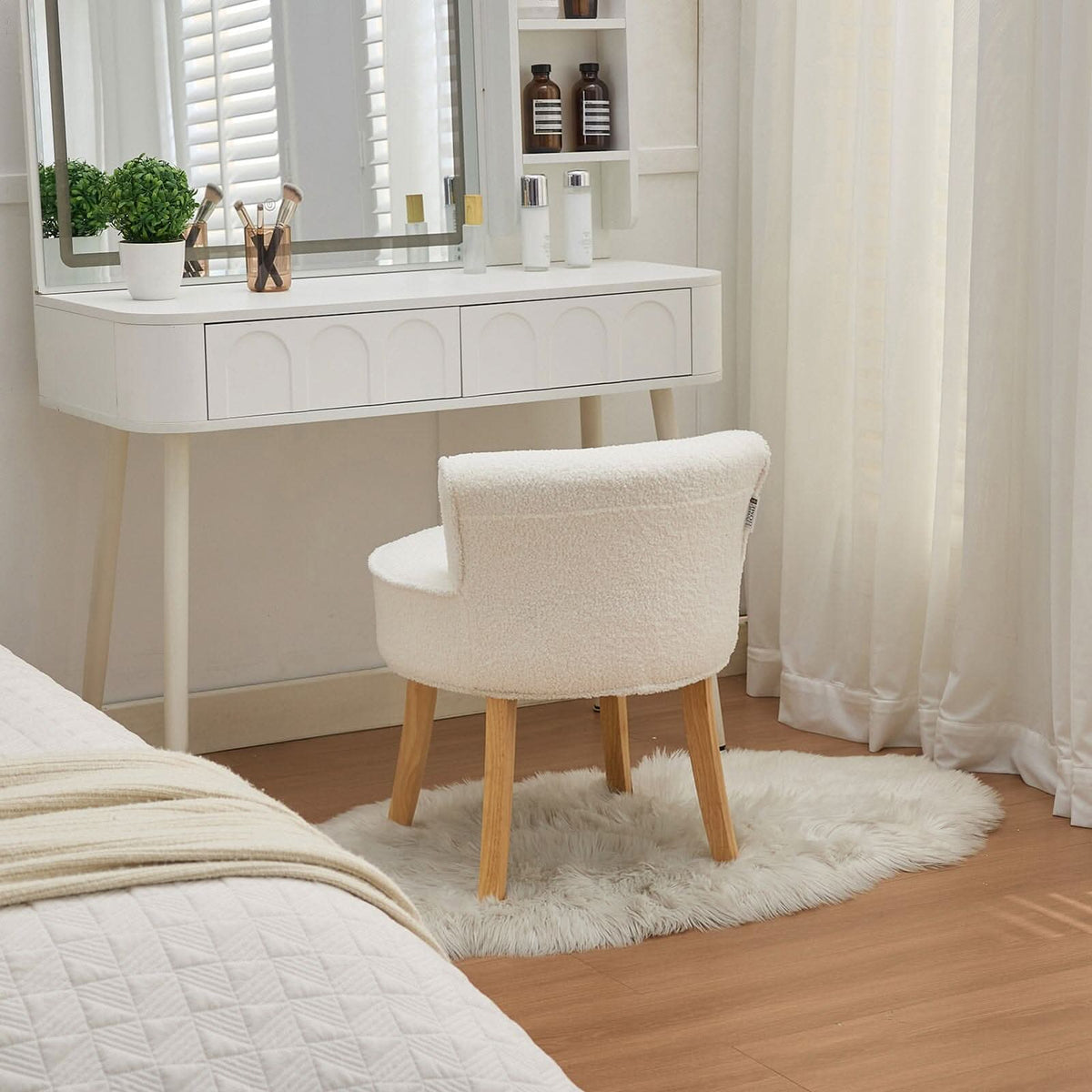 Teddy Fabric Vanity Stool with Button-Tufted Backrest