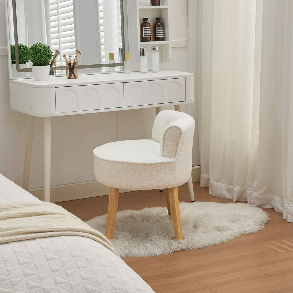 Teddy Fabric Vanity Stool with Button-Tufted Backrest