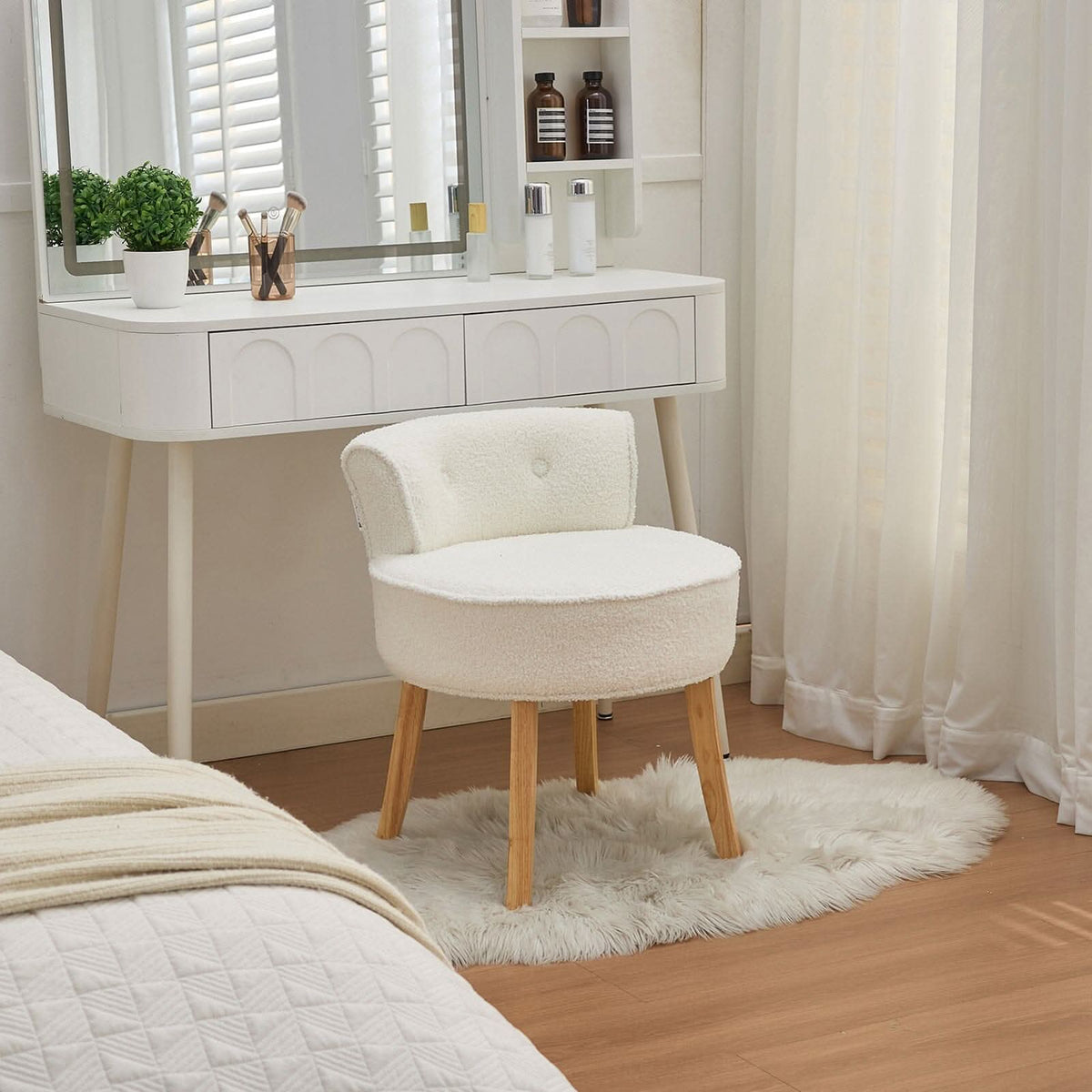 Teddy Fabric Vanity Stool with Button-Tufted Backrest