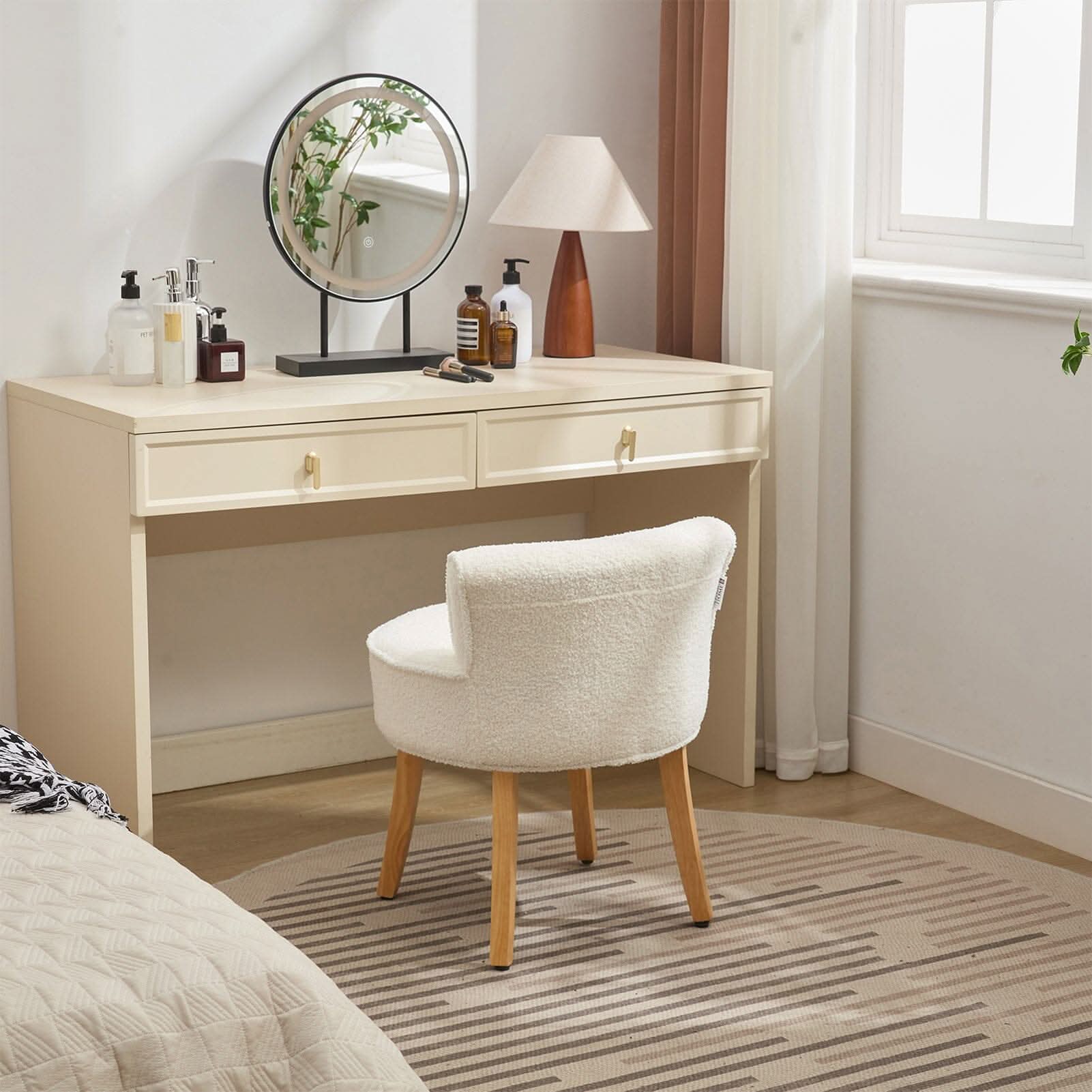 Teddy Fabric Vanity Stool with Button-Tufted Backrest