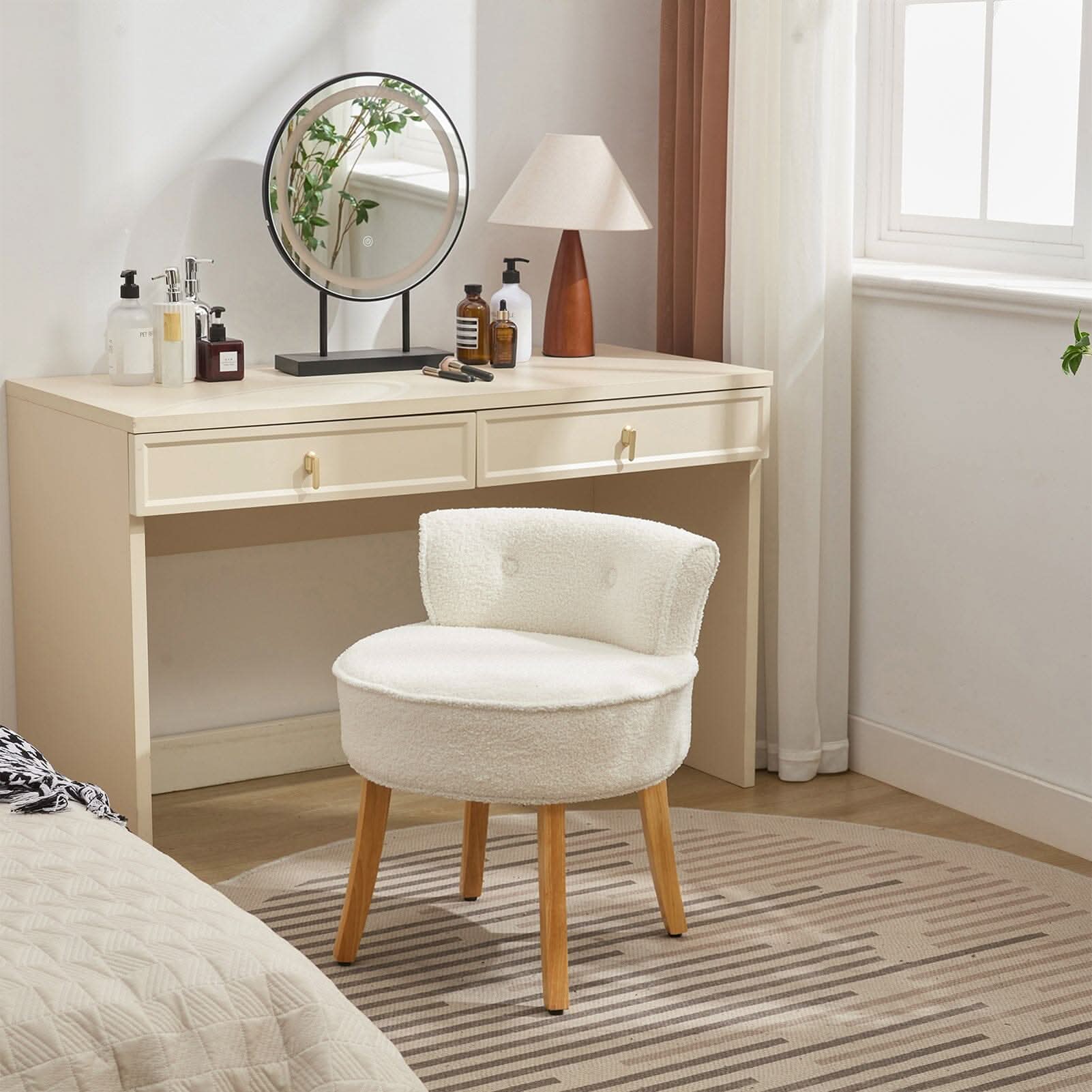 Teddy Fabric Vanity Stool with Button-Tufted Backrest