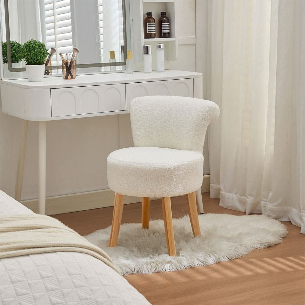 Teddy Fabric Vanity Stool with High Backrest and Rubber Wood Legs