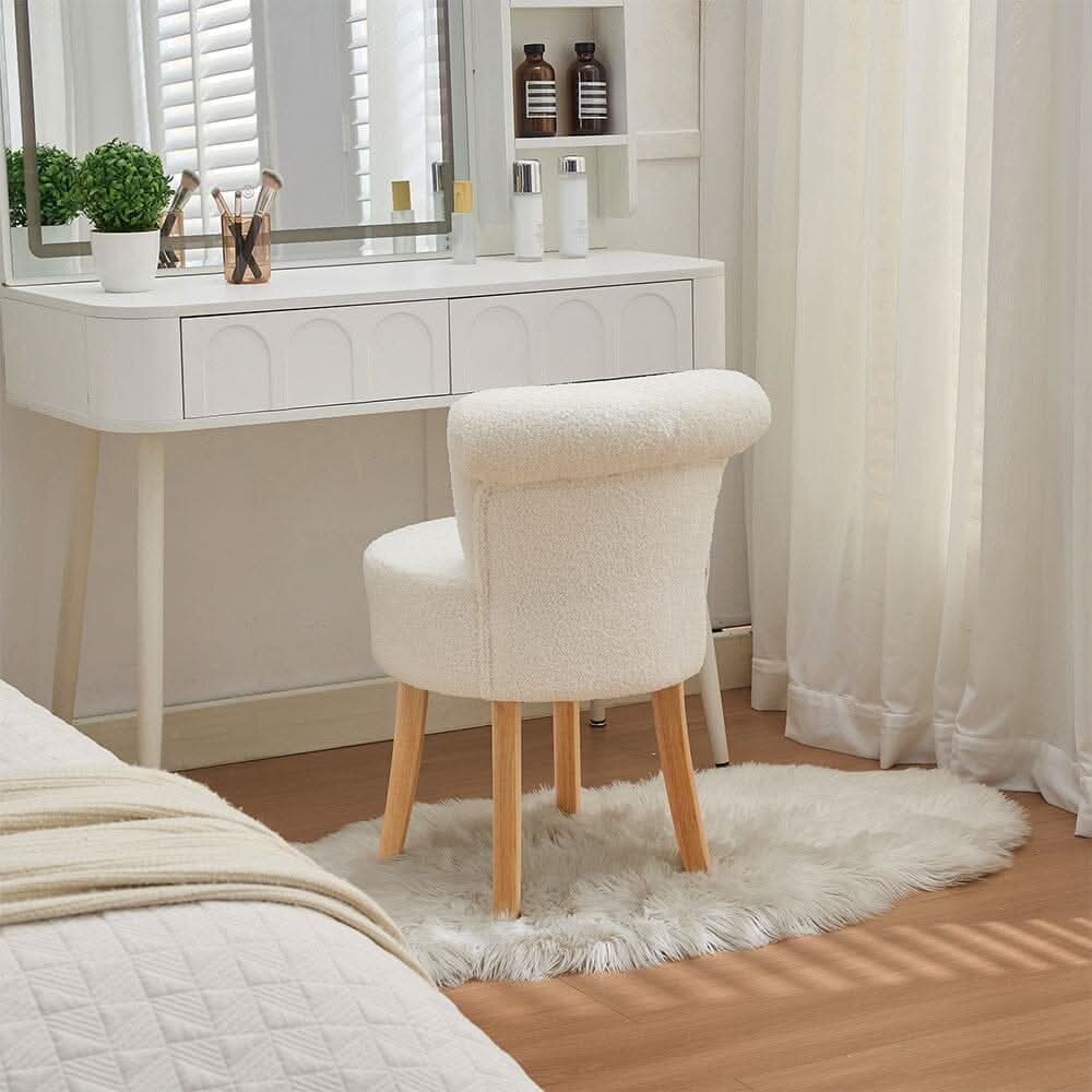 Teddy Fabric Vanity Stool with High Backrest and Rubber Wood Legs