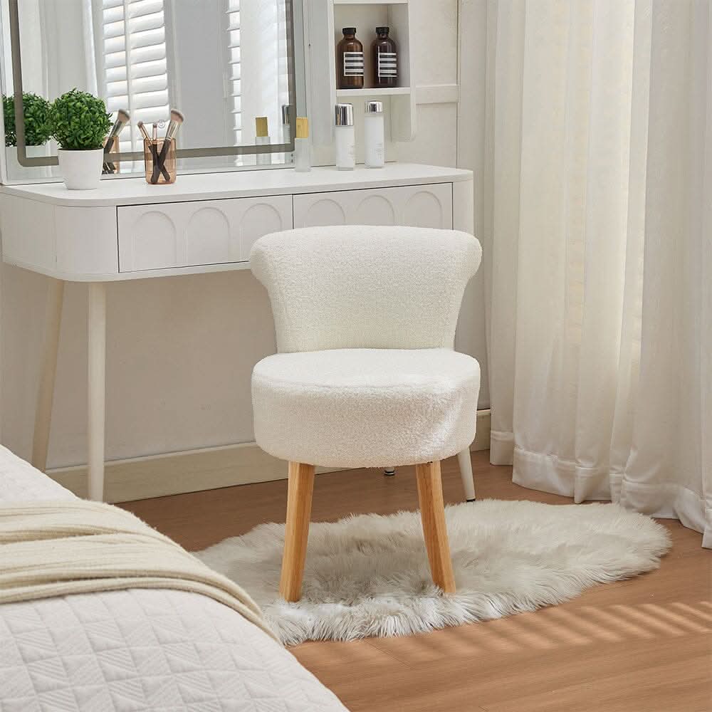 Teddy Fabric Vanity Stool with High Backrest and Rubber Wood Legs