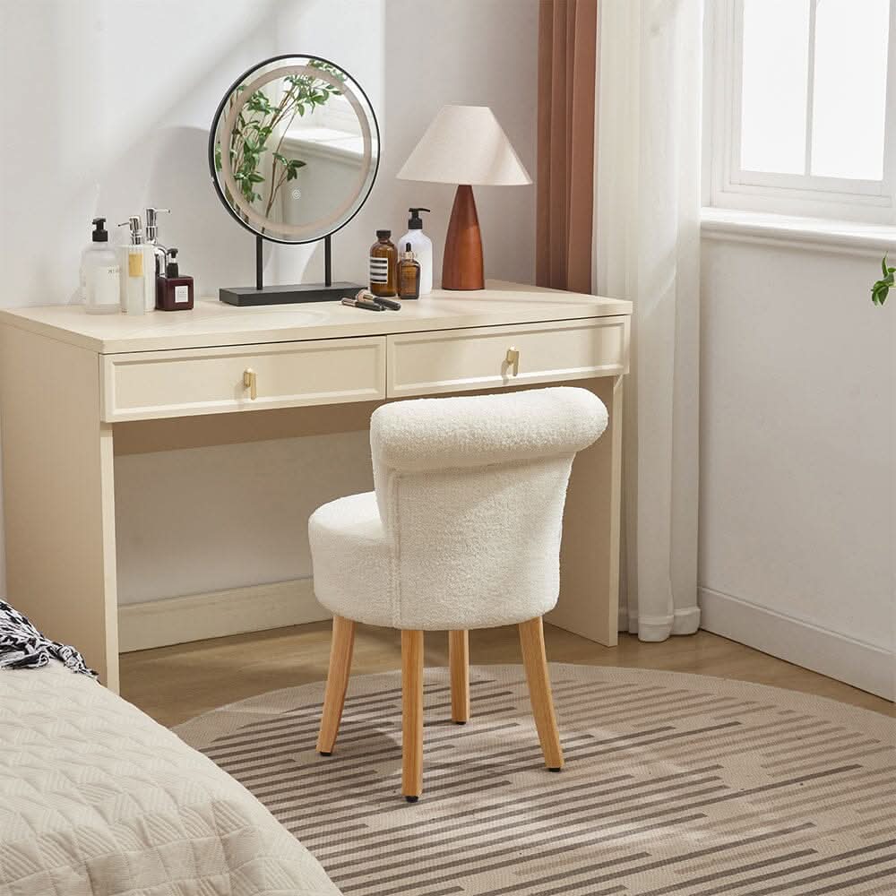 Teddy Fabric Vanity Stool with High Backrest and Rubber Wood Legs