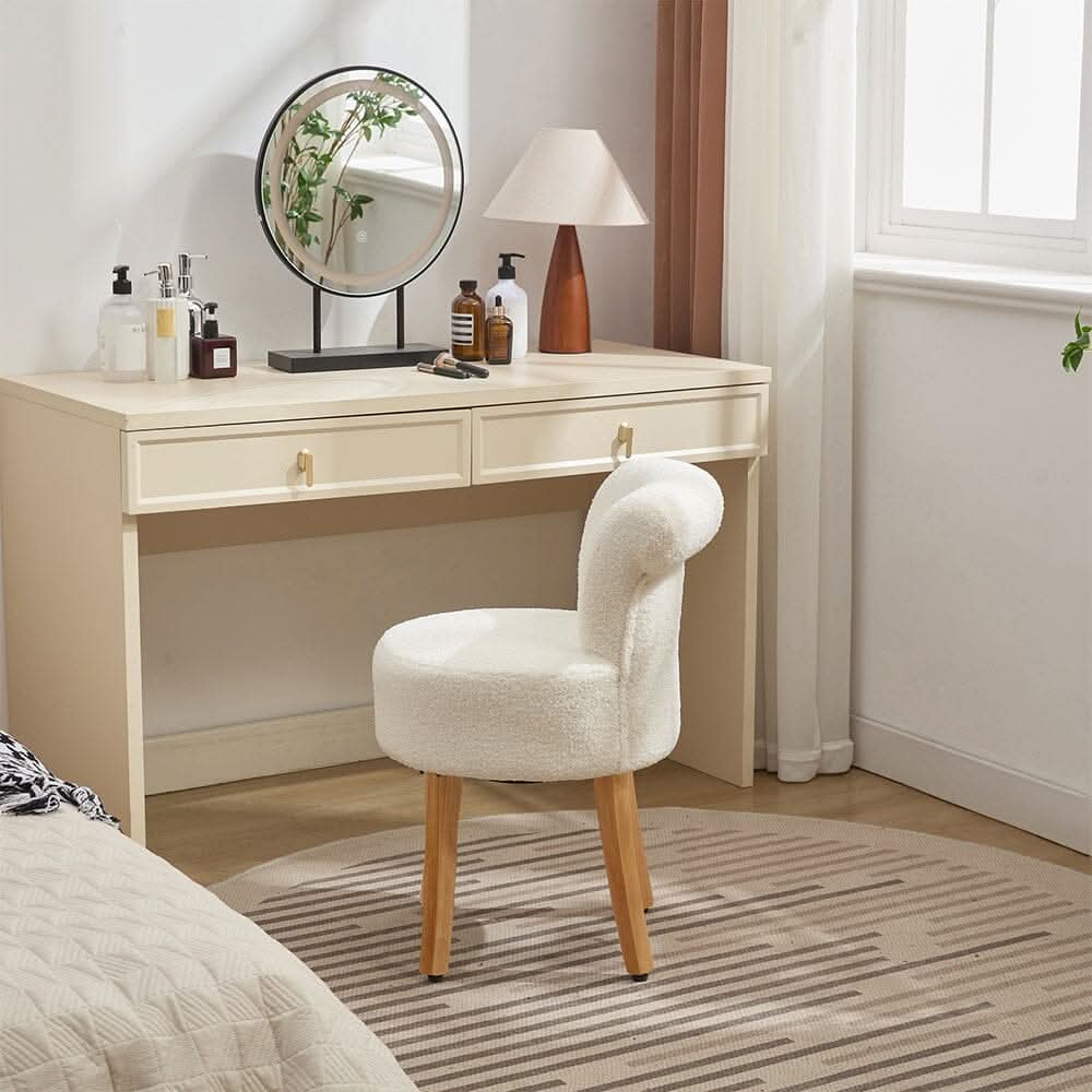 Teddy Fabric Vanity Stool with High Backrest and Rubber Wood Legs