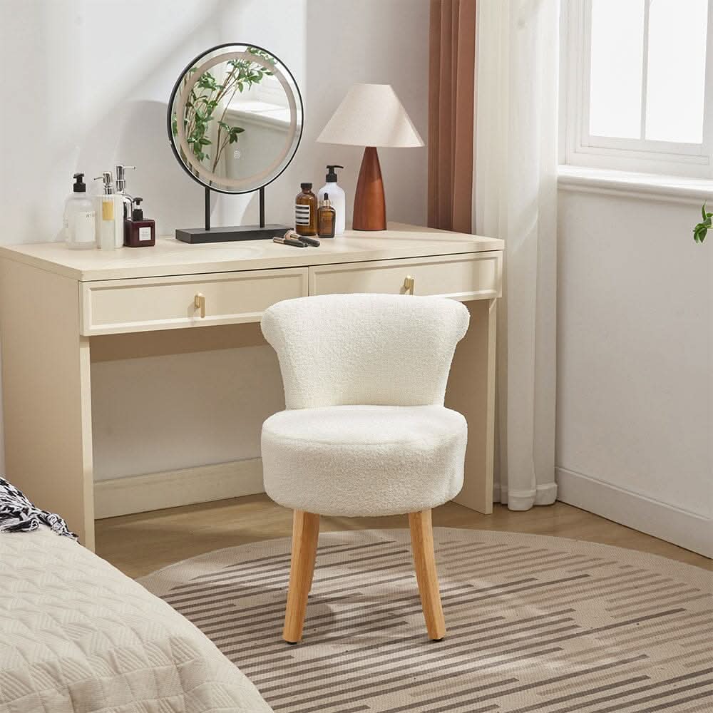 Teddy Fabric Vanity Stool with High Backrest and Rubber Wood Legs