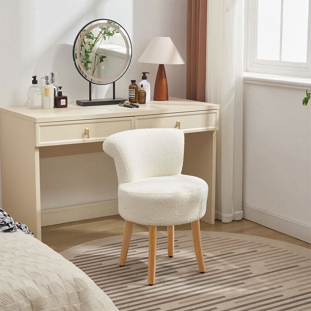 Teddy Fabric Vanity Stool with High Backrest and Rubber Wood Legs