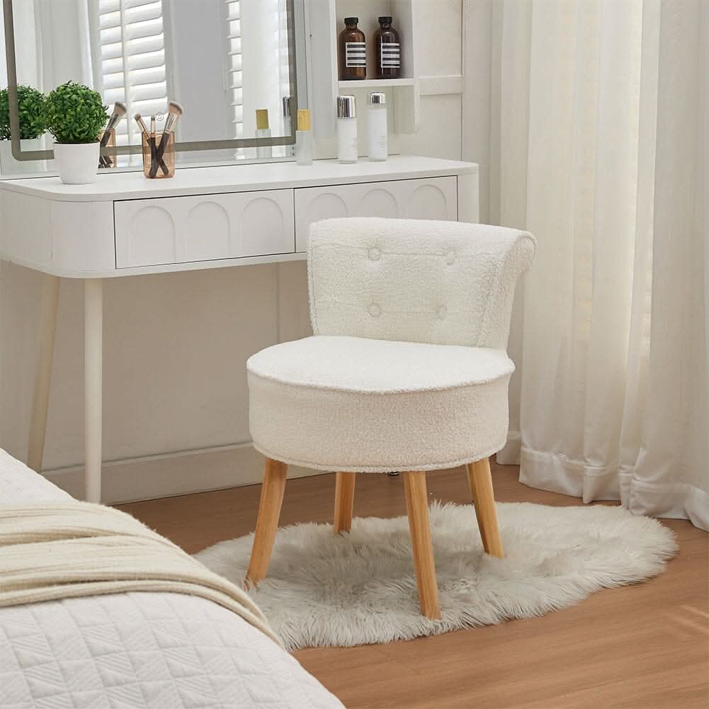 Teddy Fabric Vanity Stool with Button-Tufted High Backrest