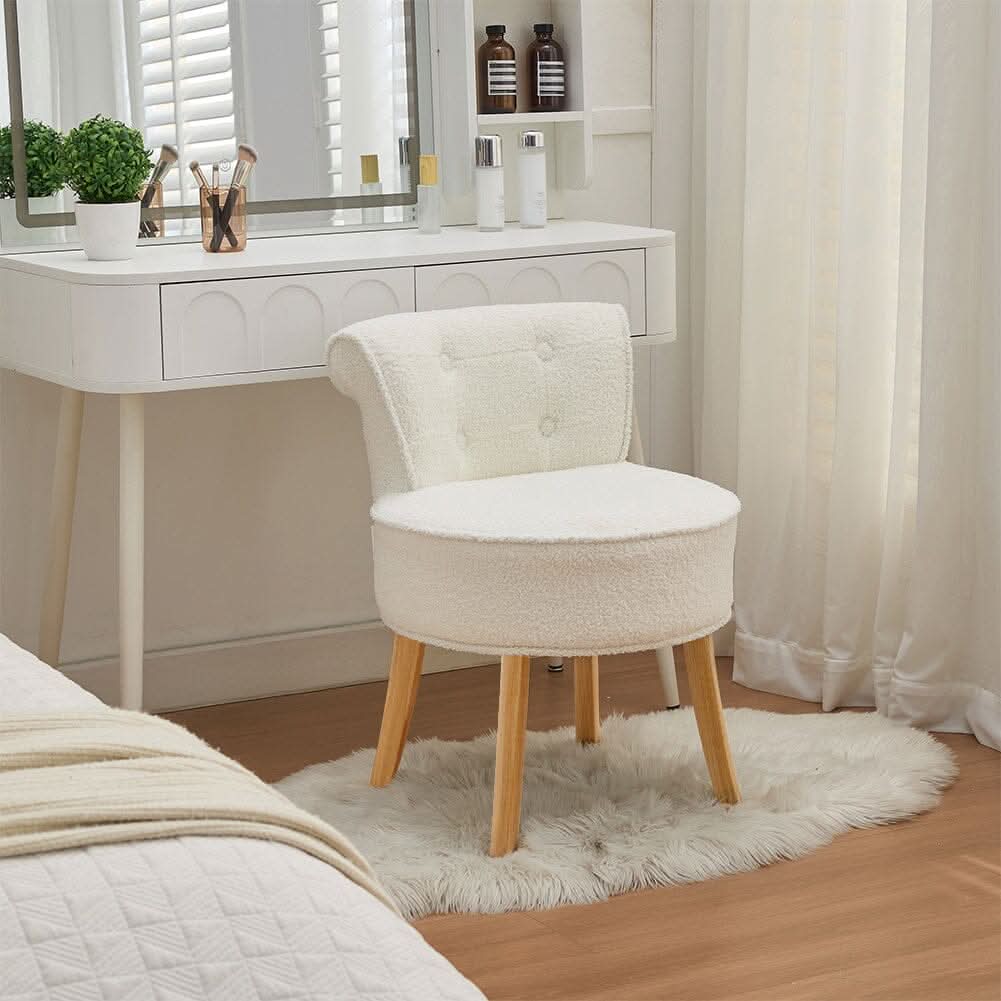 Teddy Fabric Vanity Stool with Button-Tufted High Backrest