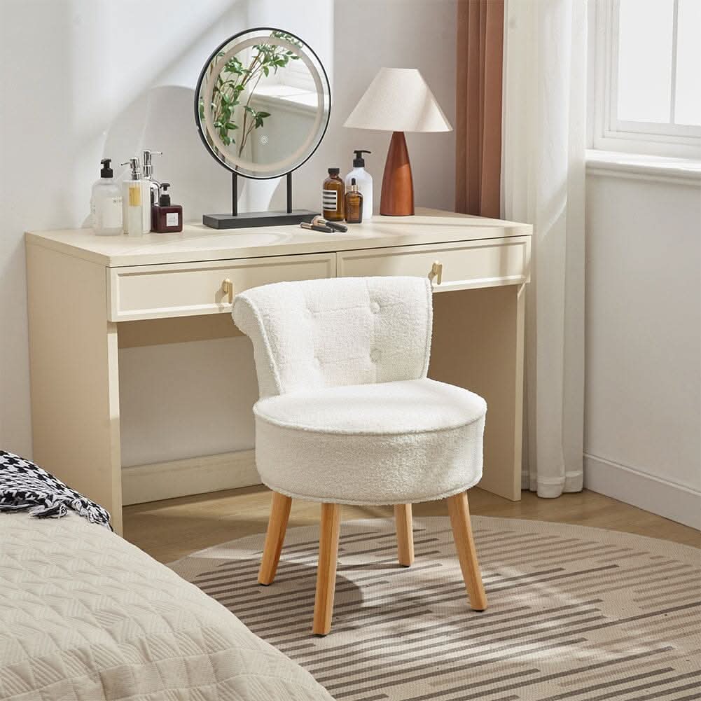 Teddy Fabric Vanity Stool with Button-Tufted High Backrest
