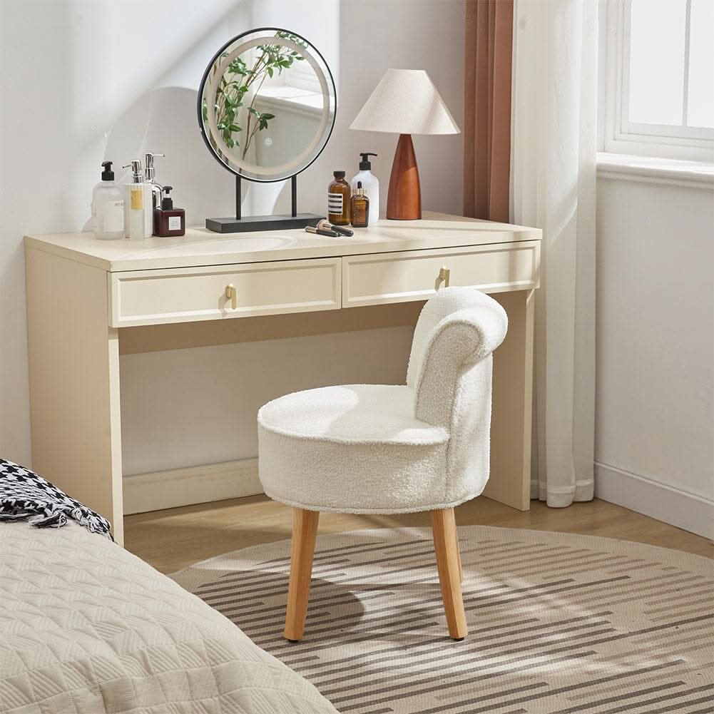 Teddy Fabric Vanity Stool with Button-Tufted High Backrest