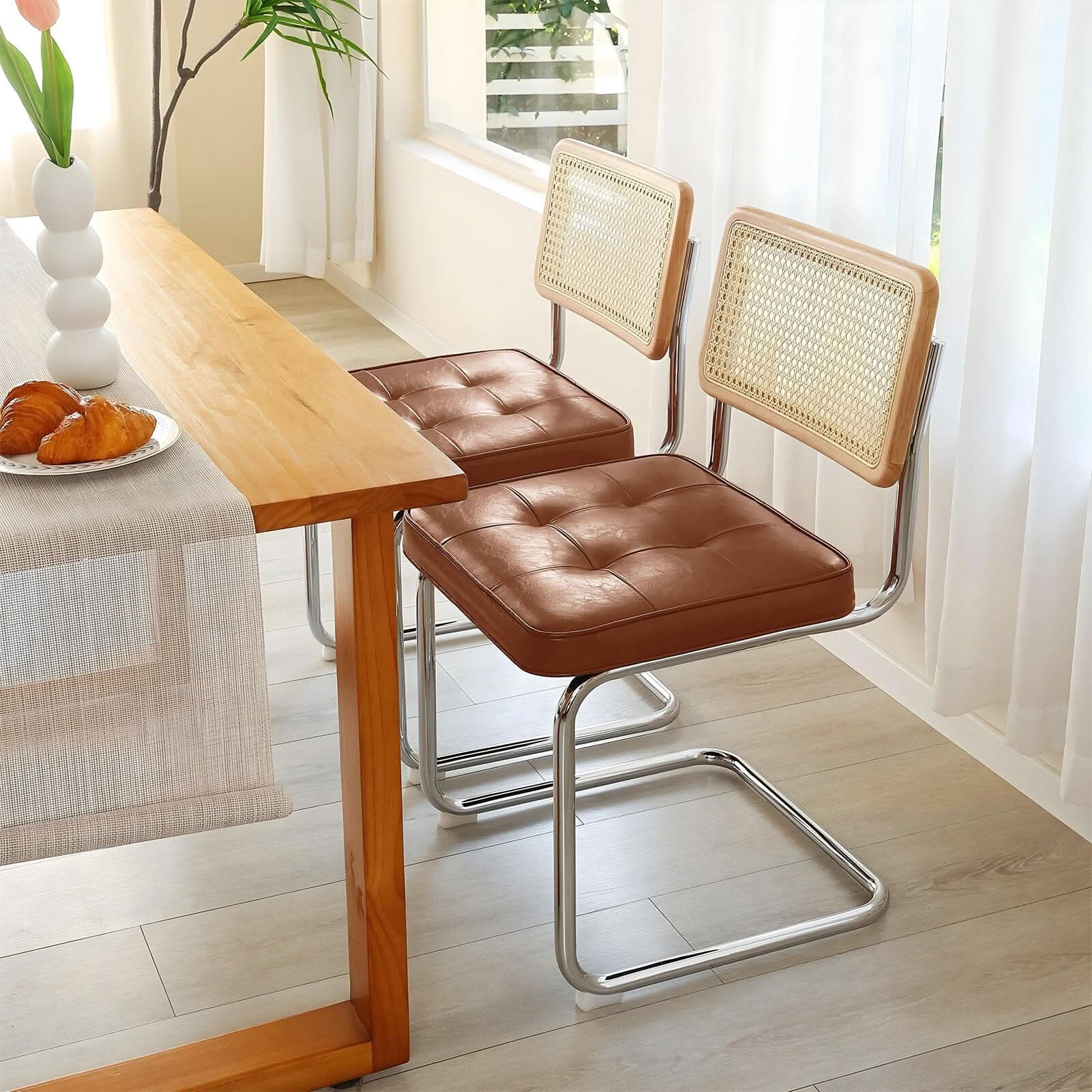 Rattan Back Dining Chair Metal Leg Pair Seating