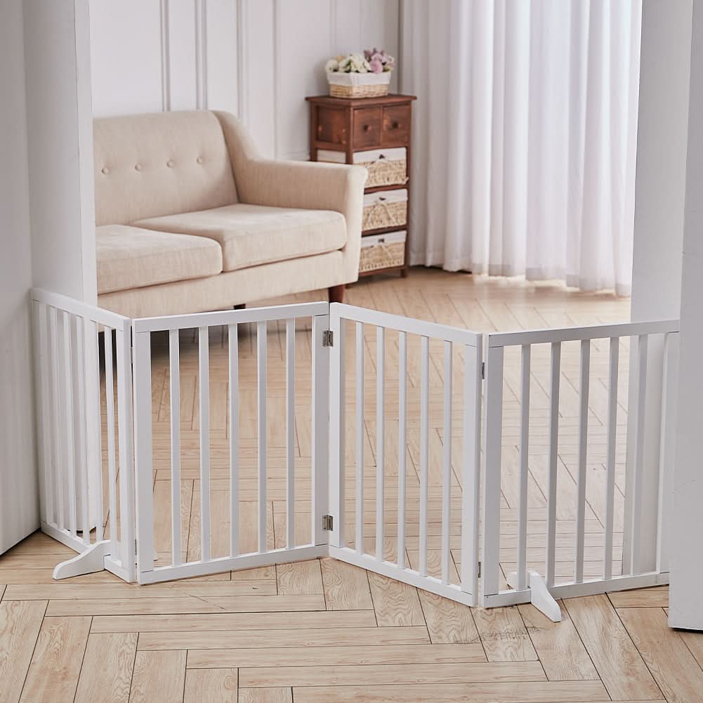 Folding Pet Gate 4 Panel Wooden Safety Gate with 360°Swivel Metal Hinges
