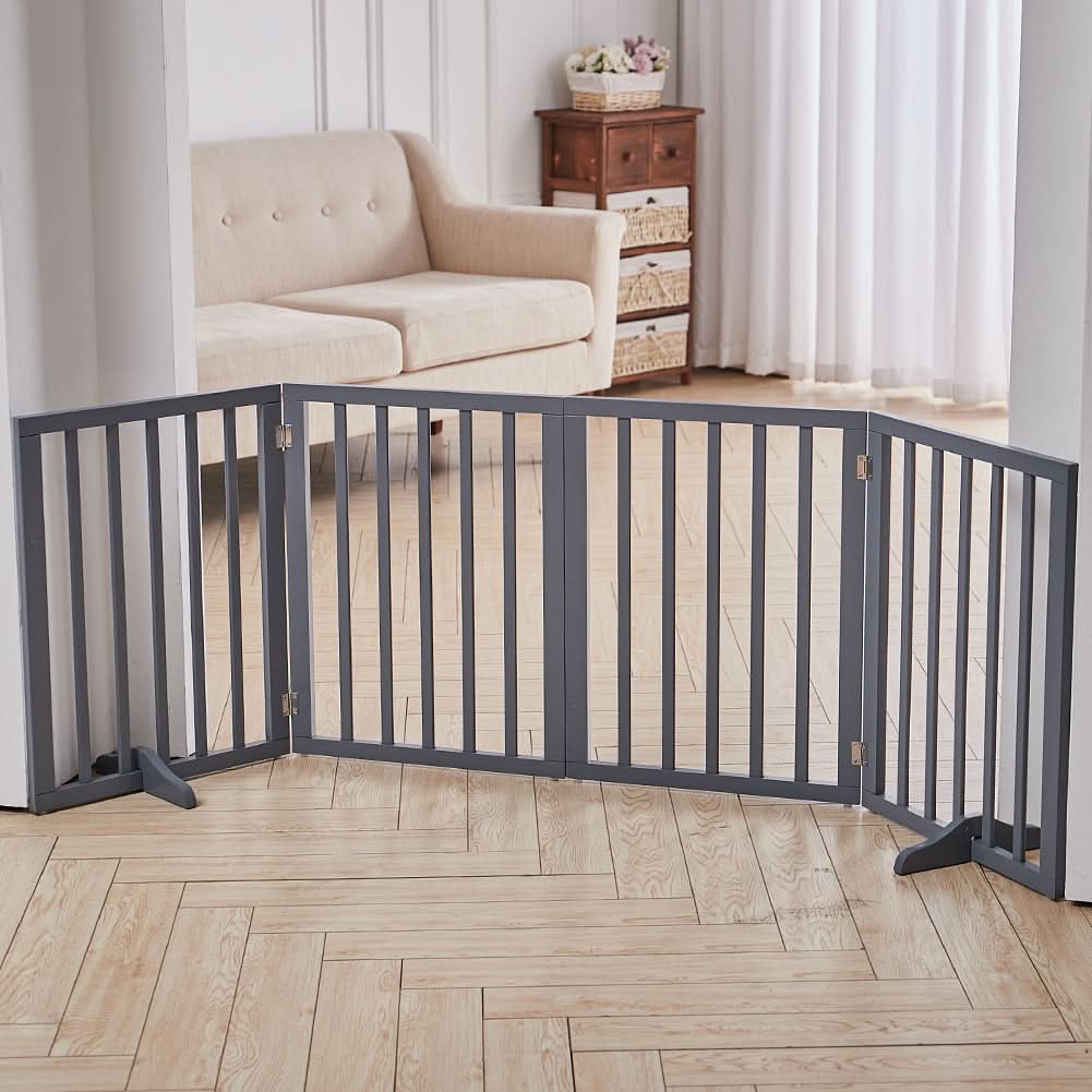 Folding Pet Gate 4 Panel Wooden Safety Gate with 360°Swivel Metal Hinges
