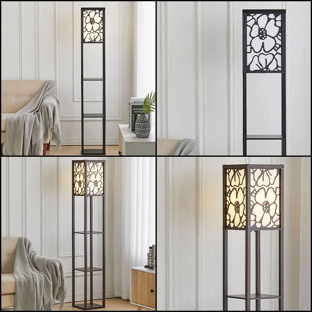 Brown Floor Lamp with Flower Linen Shade 3 Layers Indoor Towered Lamp