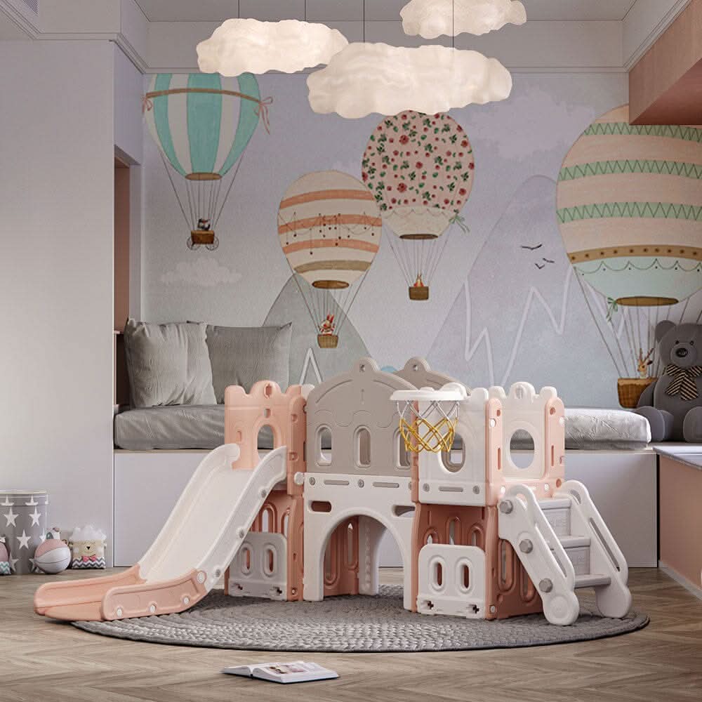 190 cm Wide Indoor Basketball Hoop Toddler Slide City Wall Kids Activity Playset
