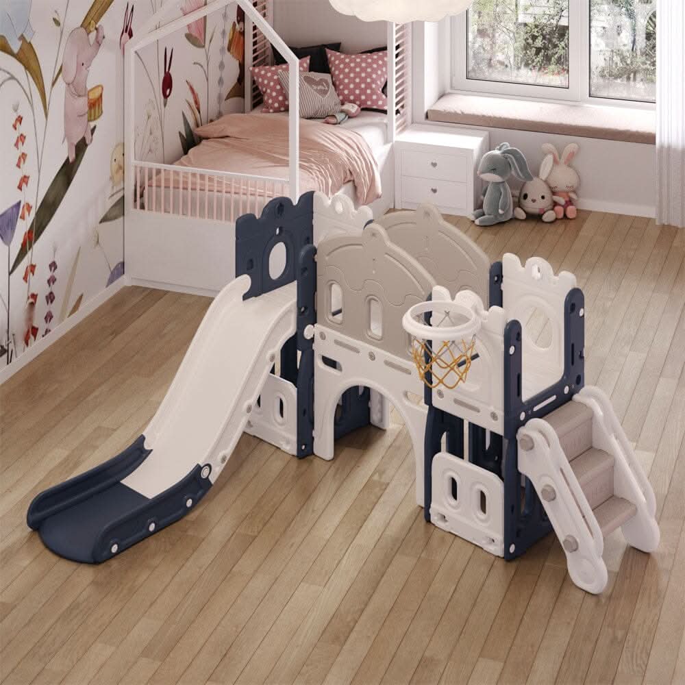 Multi-In-One Kids Playset with Slide Basket Hoop Indoor Toddler Playground