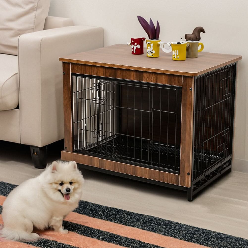 Brown Wooden Wire Dog Crate Pet Cage