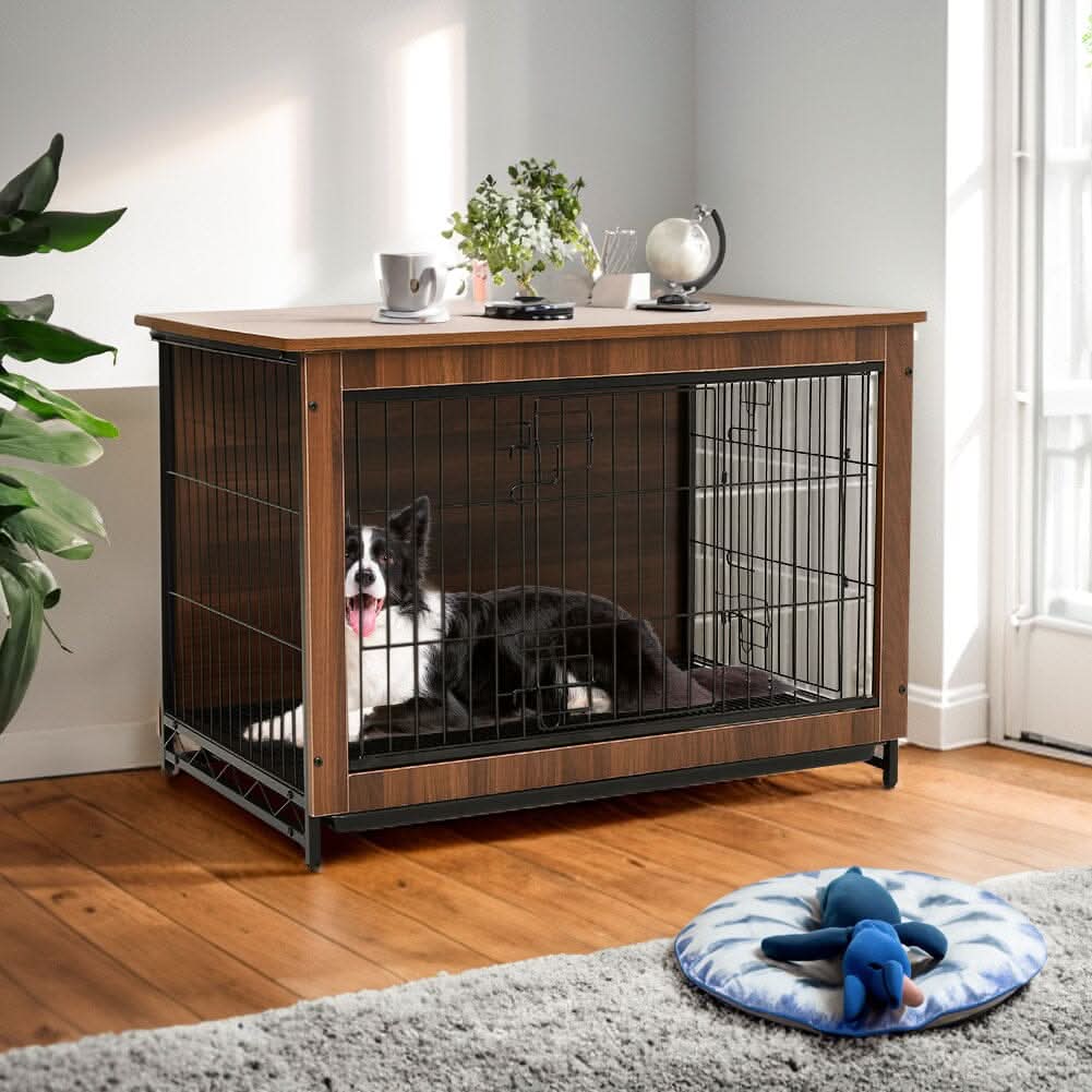 Brown Wooden Wire Dog Crate Pet Cage