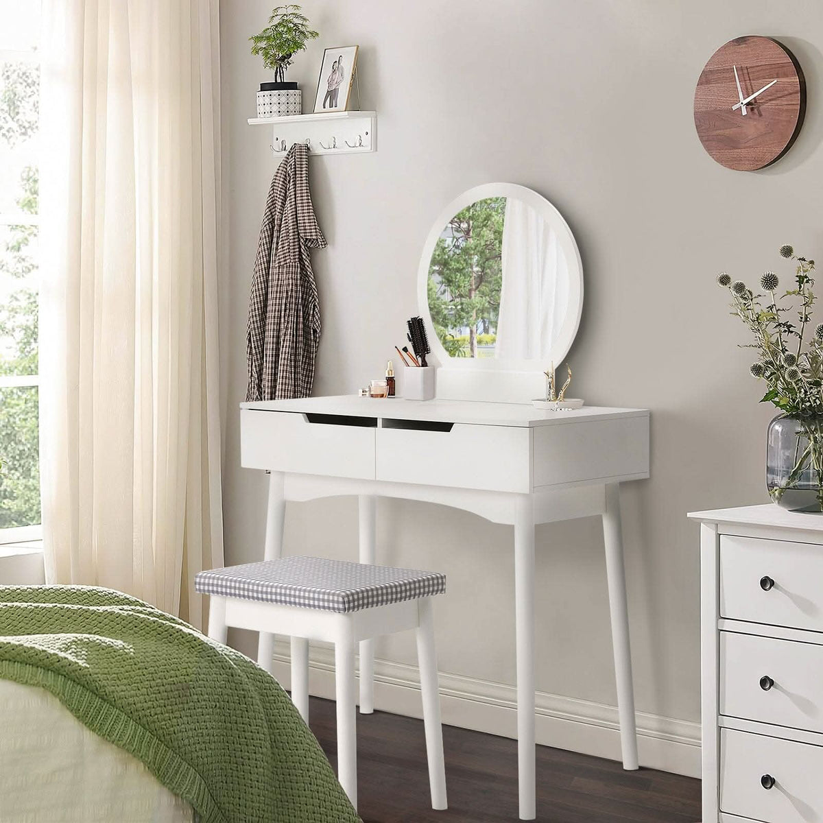 Luxurious White Vanity Table with Drawer Storage, Checkered Stool, and Round Mirror