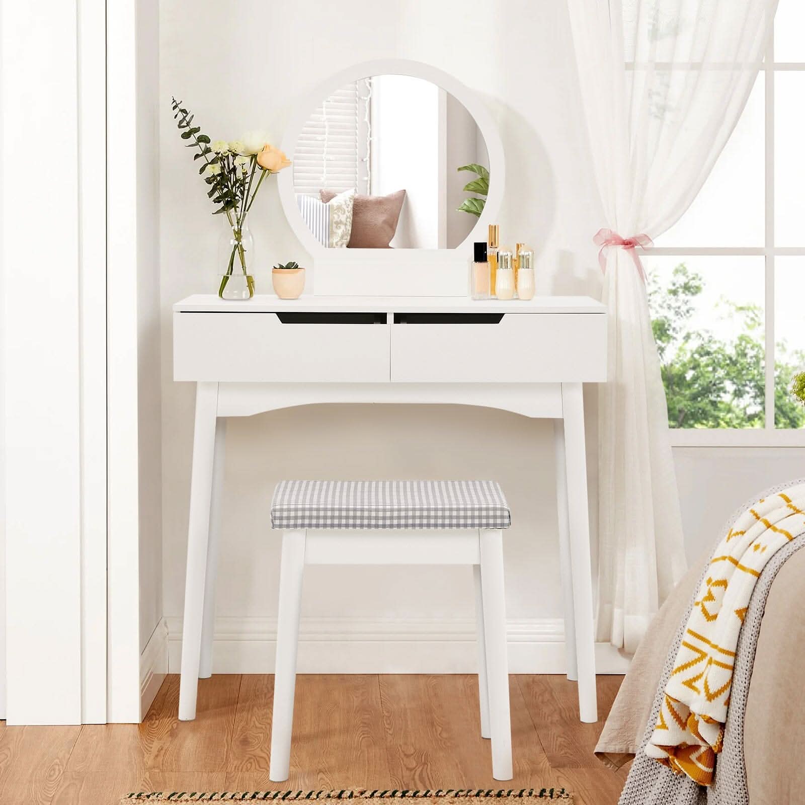 Luxurious White Vanity Table with Drawer Storage, Checkered Stool, and Round Mirror