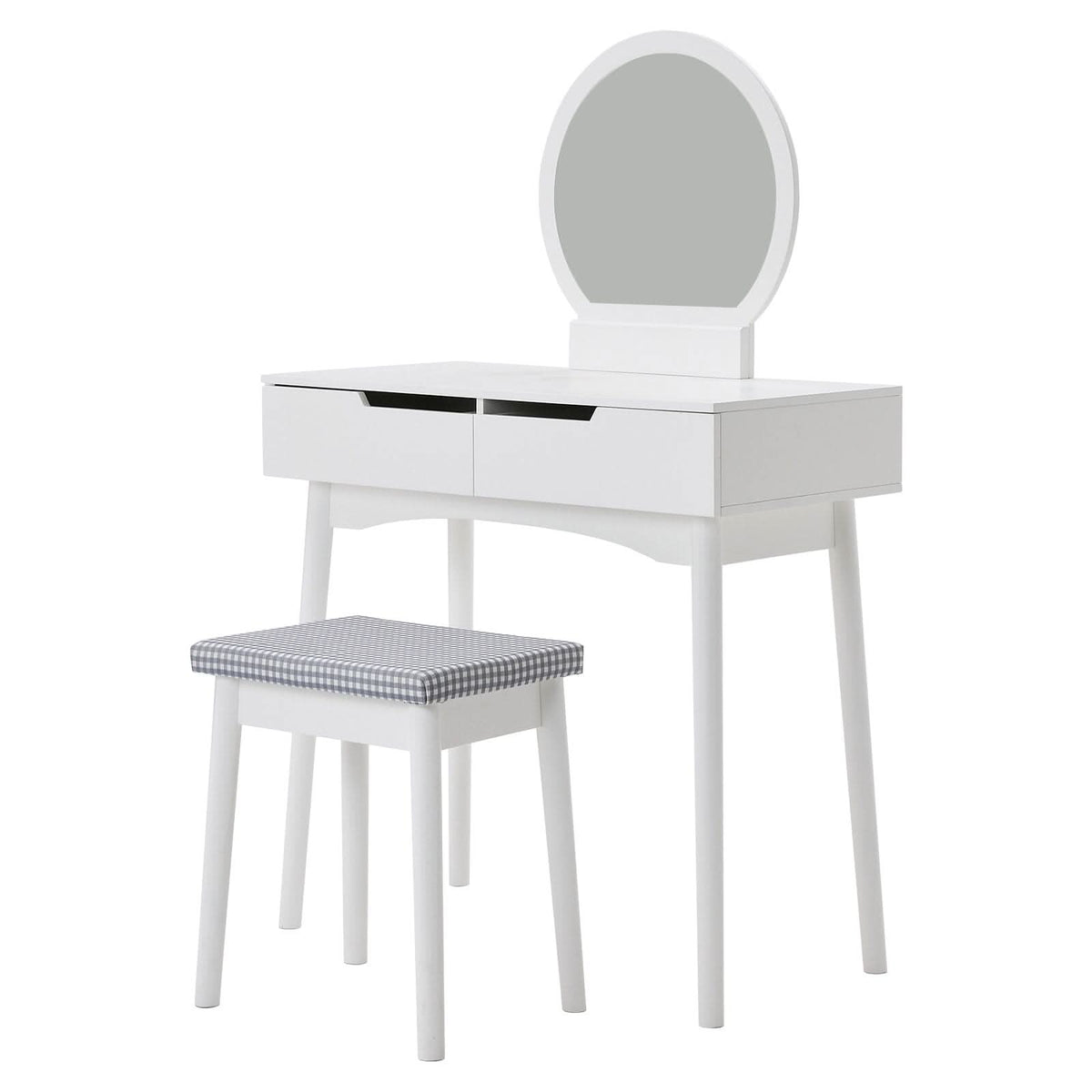 Luxurious White Vanity Table with Drawer Storage, Checkered Stool, and Round Mirror