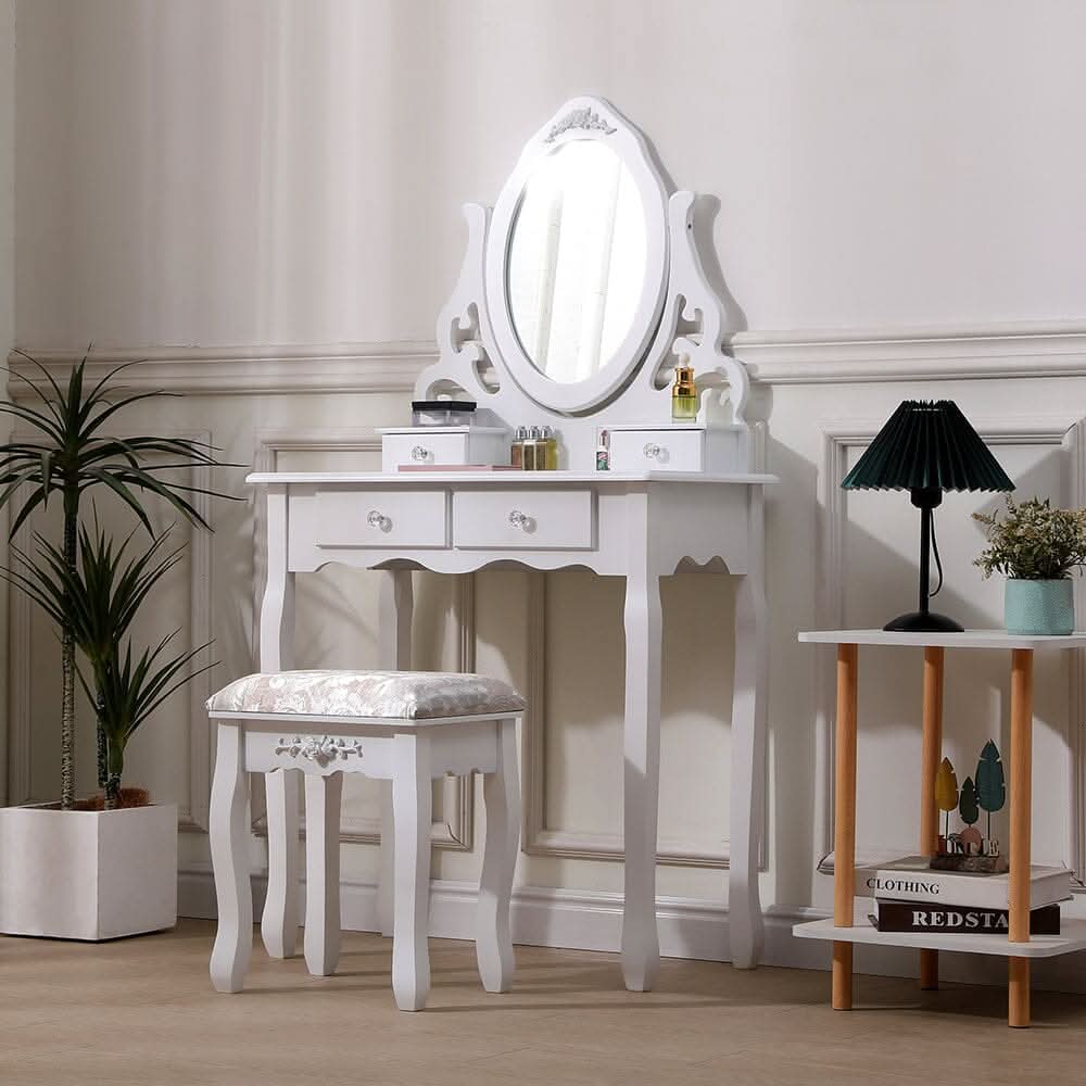 75cm W White Makeup Vanity Desk with Mirror and Stool