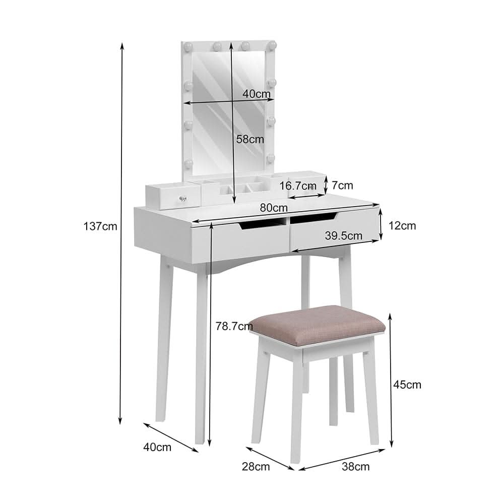 137cm H Modern Makeup Desk Set with Lighted Mirror and Stool