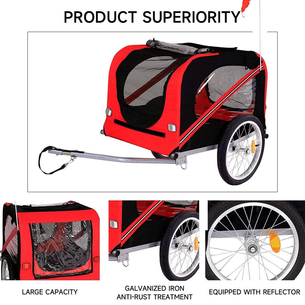 Red Waterproof Pet Trailer with Adjustable Handle and Reflective Safety Panels