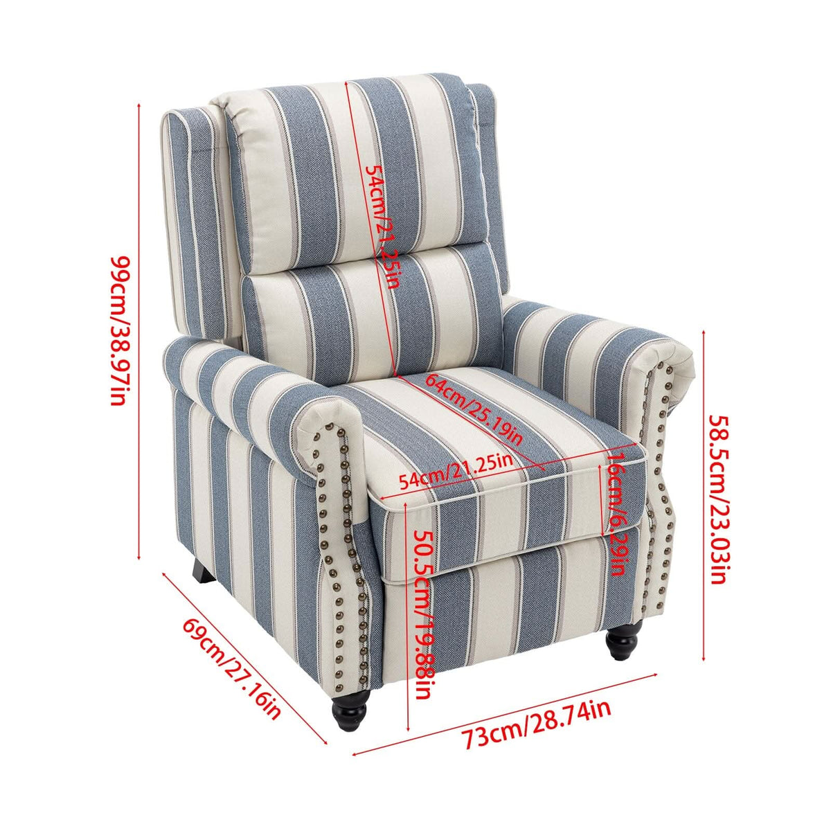 Stripe Linen Push Back Recliner Chair With Solid Wooden Legs